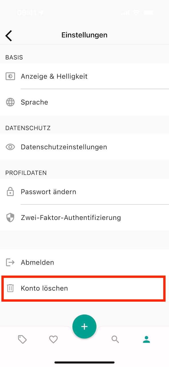 Konto löschen in den Einstellungen wählen